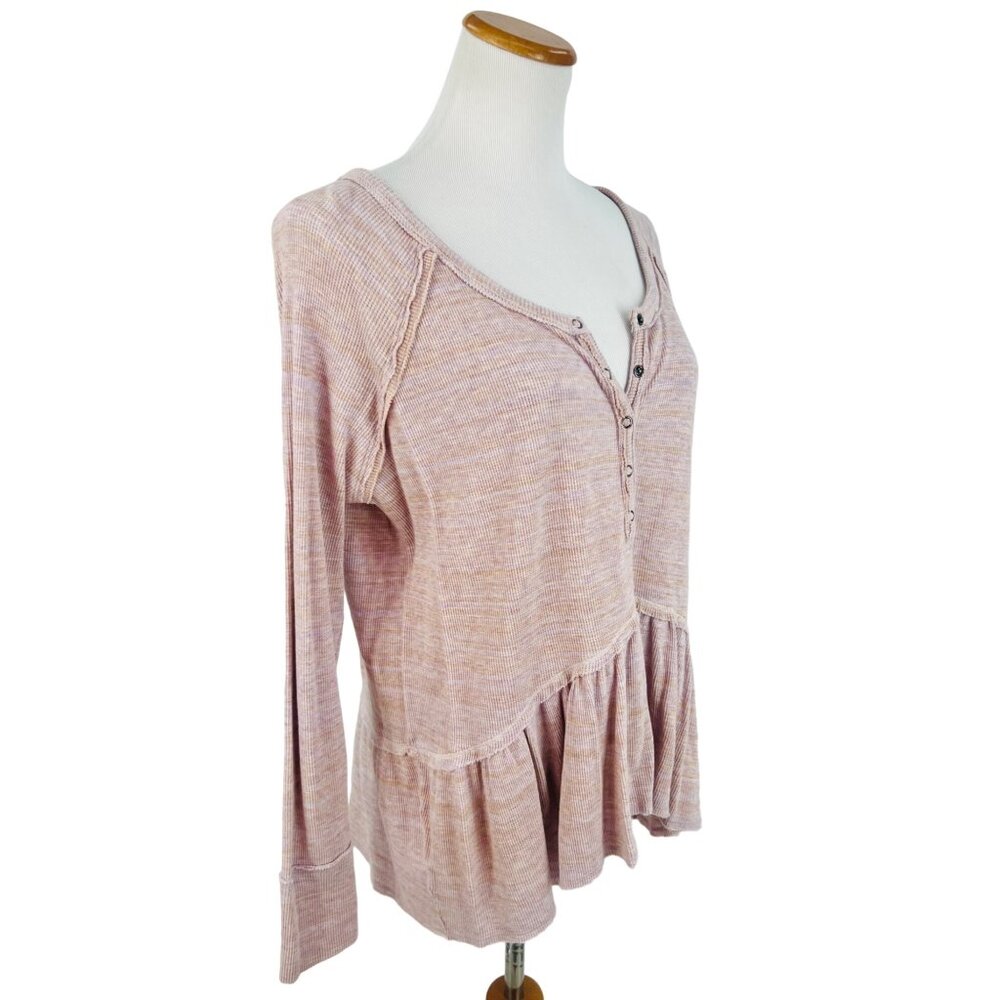 Free People Casual Boho Waffle-Knit Long Sleeve Lavender Ruffled Hem Flowy Top - Picture 6 of 16